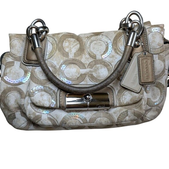 COACH KRISTIN Op Art SEQUINS 16777 Sachel Handbag Shoulder Strap Signature C - Picture 1 of 12
